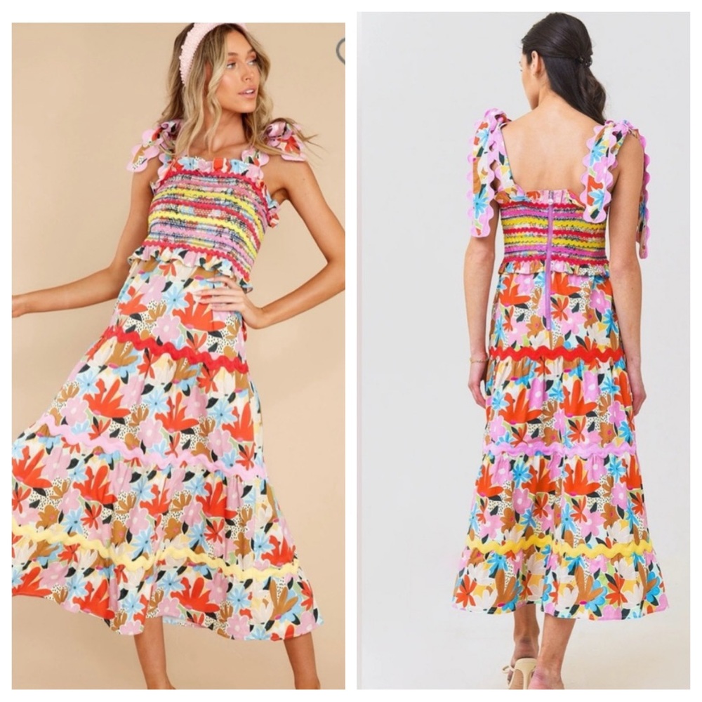 NWT CeliaB Nilsa Multicolor Ric Rac Shoulder Tie Midi Dress Size Large